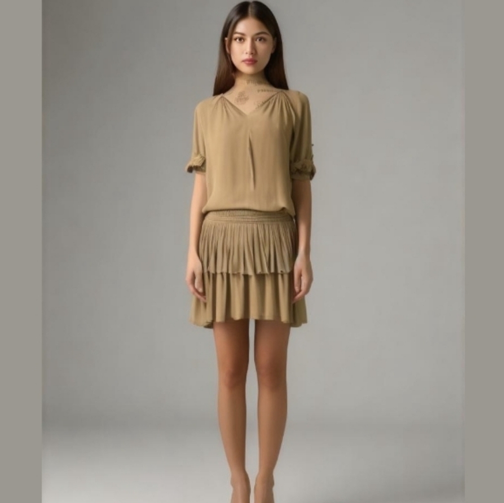 Anthropologie Current Air Aurelie Pleated Gold Metal Rivit  Mini Dress - Size XS